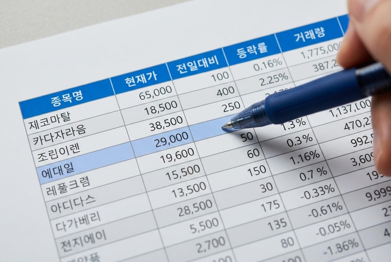 여러 열로 정렬된 주식 데이터 표를 펜으로 짚으며 항목별로 읽는 장면