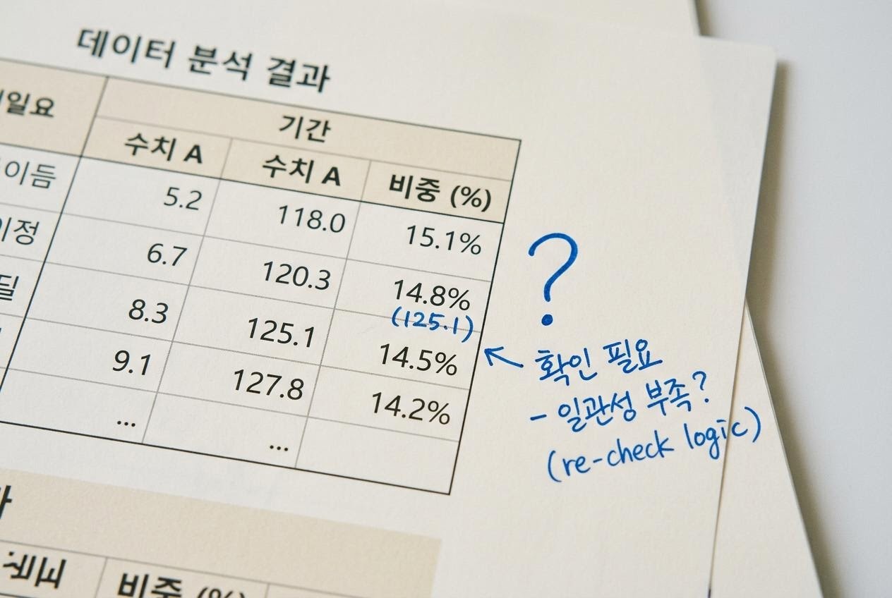 데이터 표 여백에 물음표와 확인 필요 메모를 손으로 적어 둔 장면