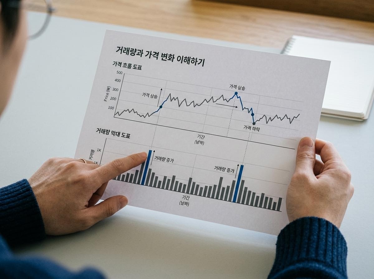 가격 흐름 도표와 거래량 막대가 나란히 인쇄된 자료를 비교해 보는 장면